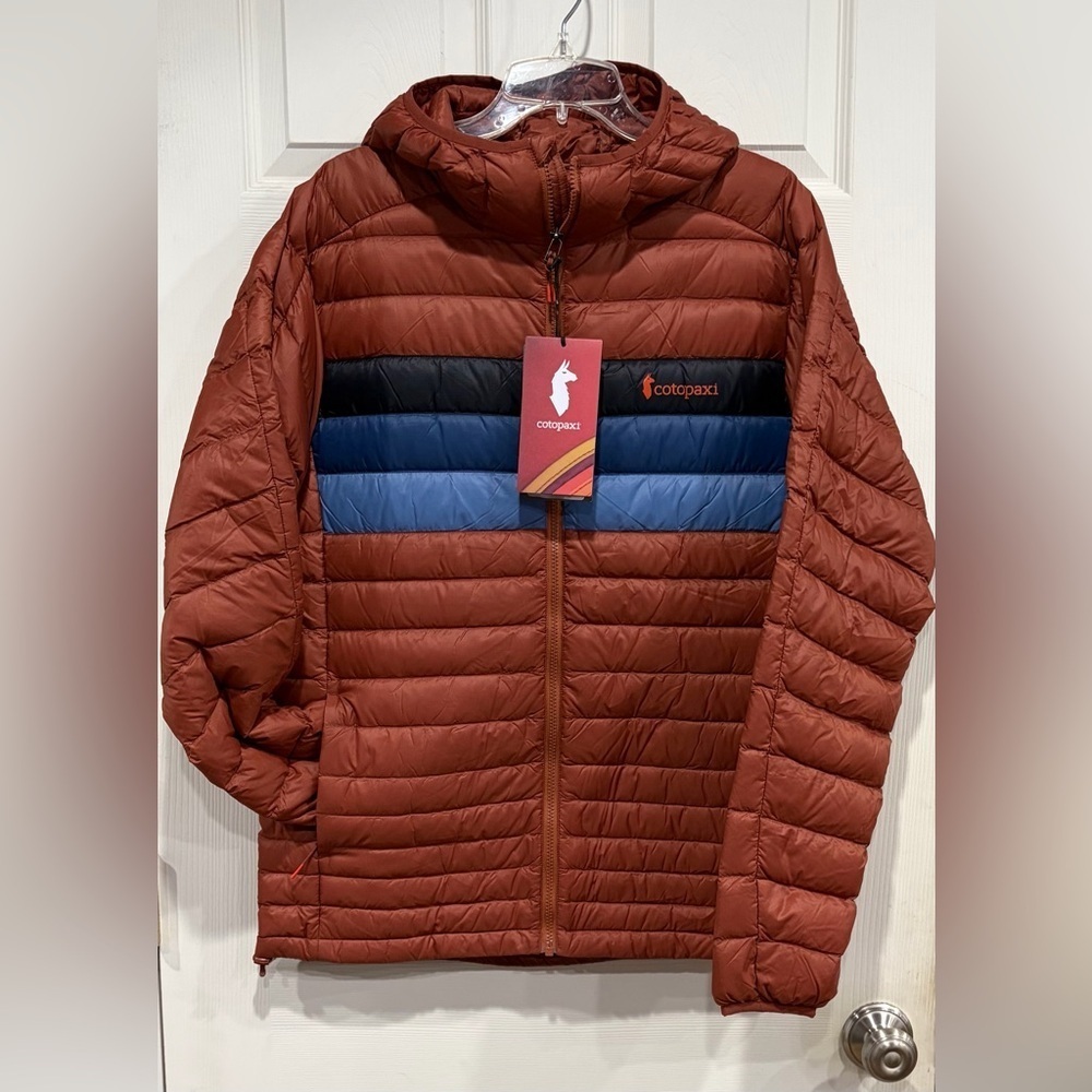 Cotopaxi Men’s Medium Fuego Hooded Down Puffer Jacket Orange Nutmeg Stripes NWT